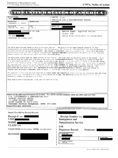 Sample of I797A and new I-94 for Immigration Law Tech Tip